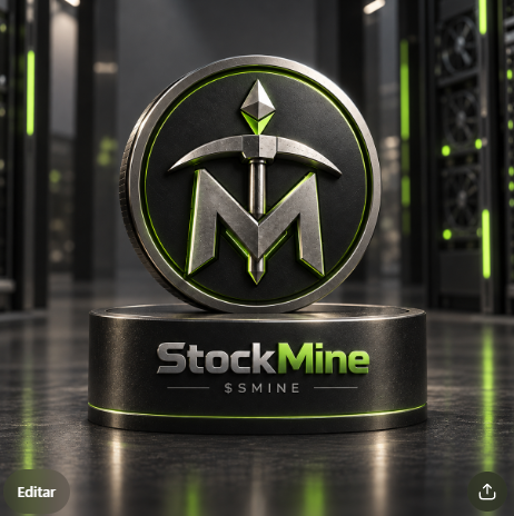 Metal StockMine emblem with a pickaxe and Ethereum symbol, lit in green